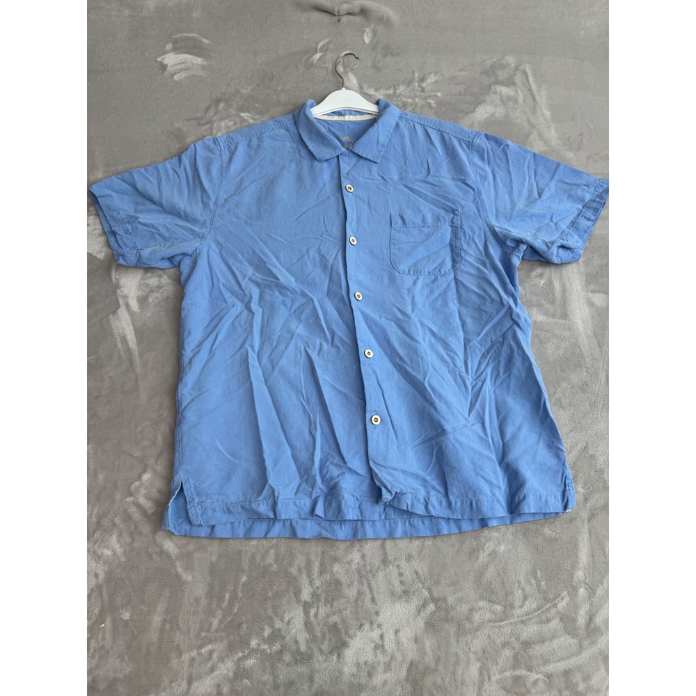 Tommy Bahama Mens Blue 100% Silk Short Sleeve Palm Jacquard Camp Shirt L T320095